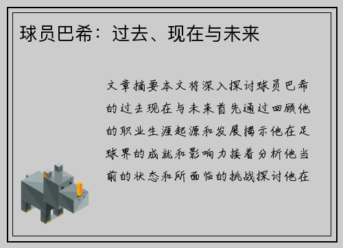 球员巴希：过去、现在与未来